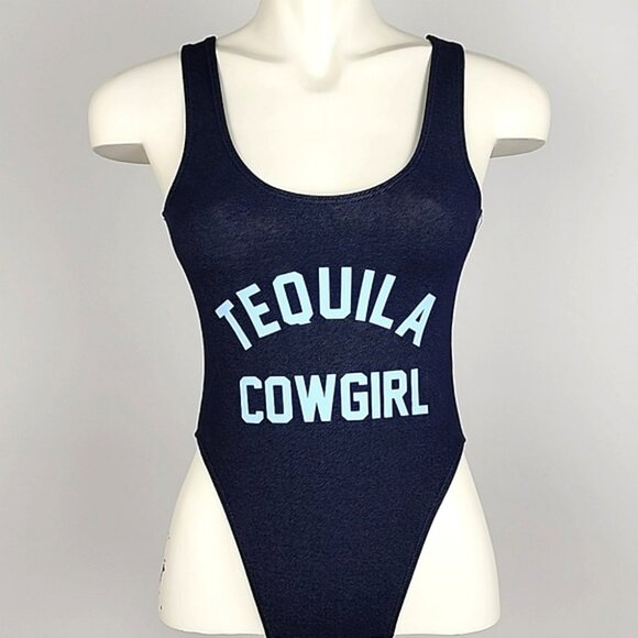 One Piece Women's Swimsuit Dark Denim Tequila Cowgirl Blue Print Size S/M - Picture 1 of 14